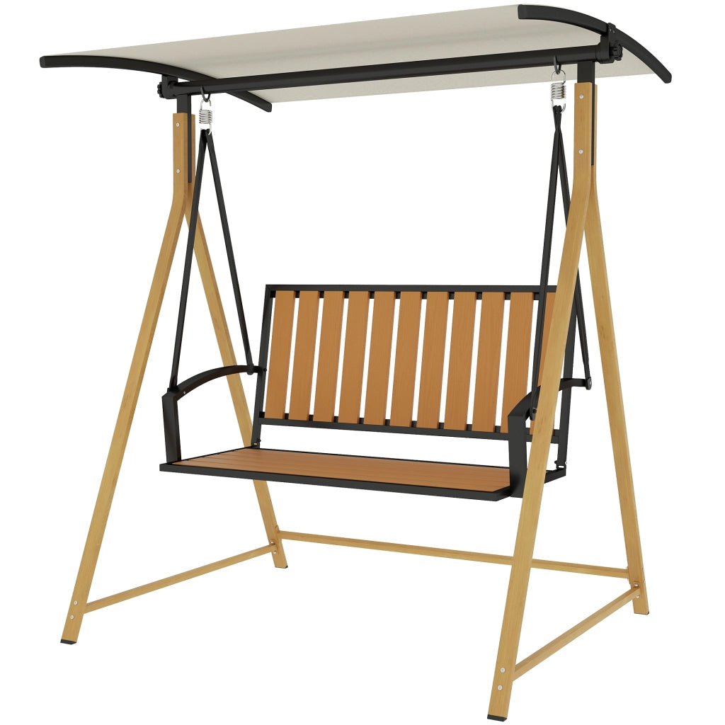 Sedia a dondolo da giardino 2 posti ¨C zephmum ¨C struttura in metallo, legno naturale, beige, 142x112x162 cm