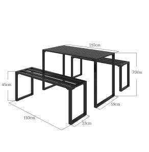 Set mobili da esterno 3 pezzi con tavolo e 2 panche in metallo nero 110x55x70 cm
