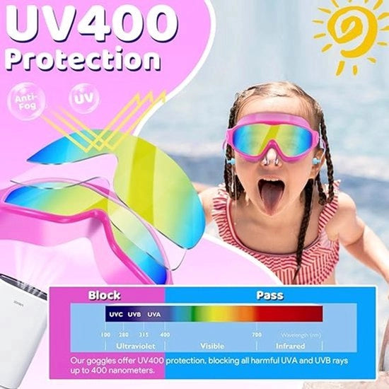 Zwembril per bambino con cuffie e clip nasale, campo visivo ampio, protezione anti-condens/UV, adatto a bambini dai 3 ai 15 anni.