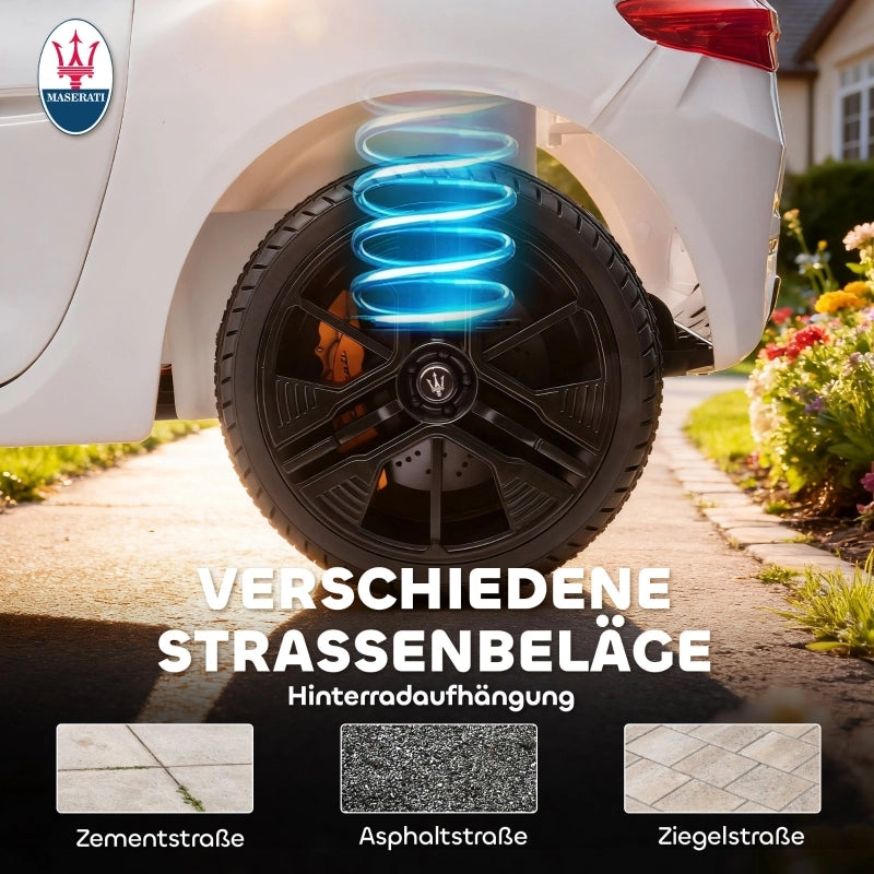 Maserati auto elettrica per bambini, 2 posti, alimentazione a batteria 12V, telecomando, luci a LED, funzione musicale, bianca