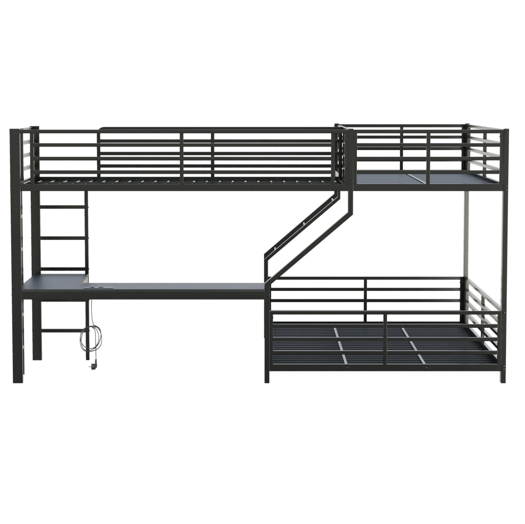 Letto a castello a tre posti con scrivania e presa USB/Type-C; 90x200+140x200 cm; metallo; nero