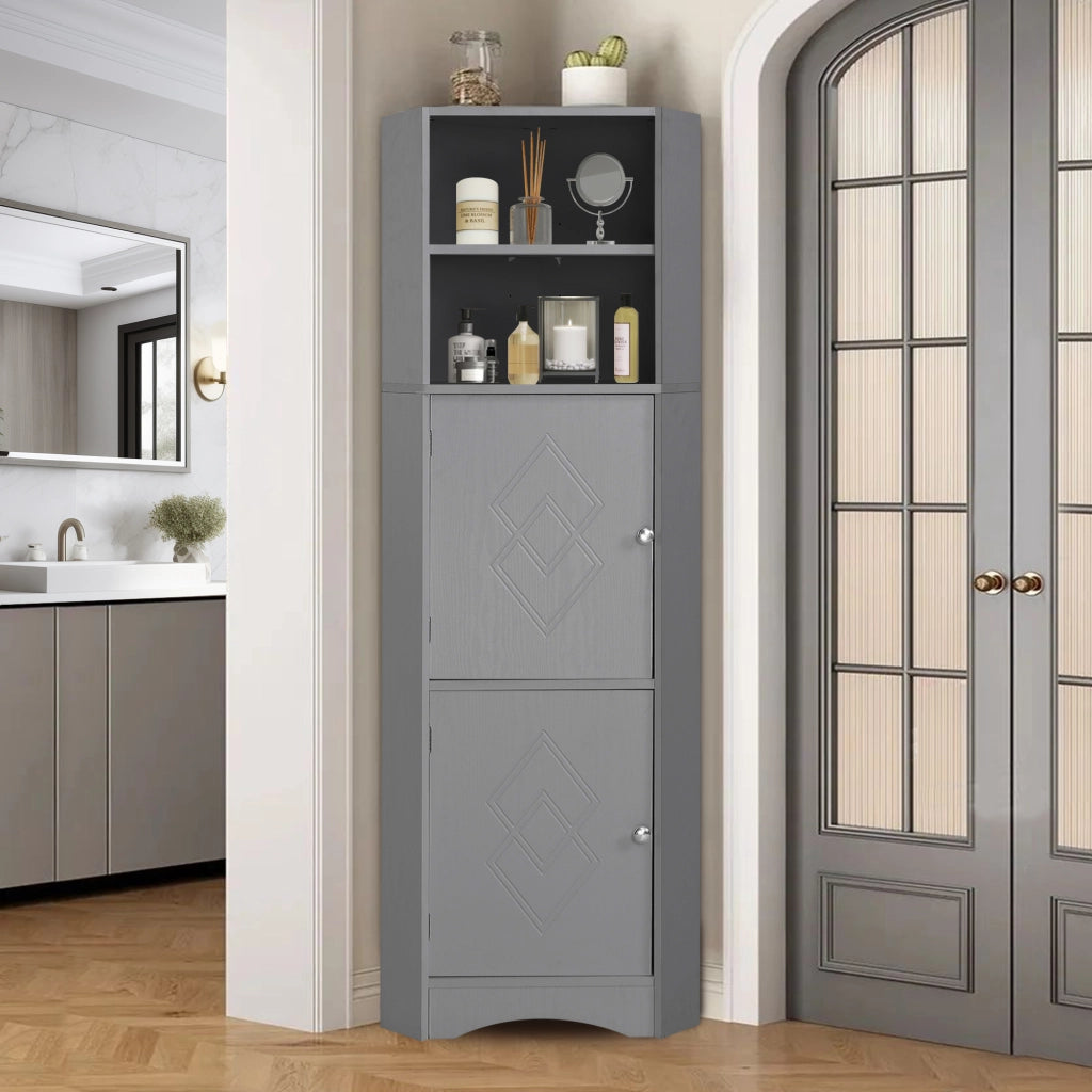 Armadietto da bagno angolare con ripiano regolabile e vani aperti, per bagno, in truciolare, grigio, 36.5 × 36.5 × 155 cm
