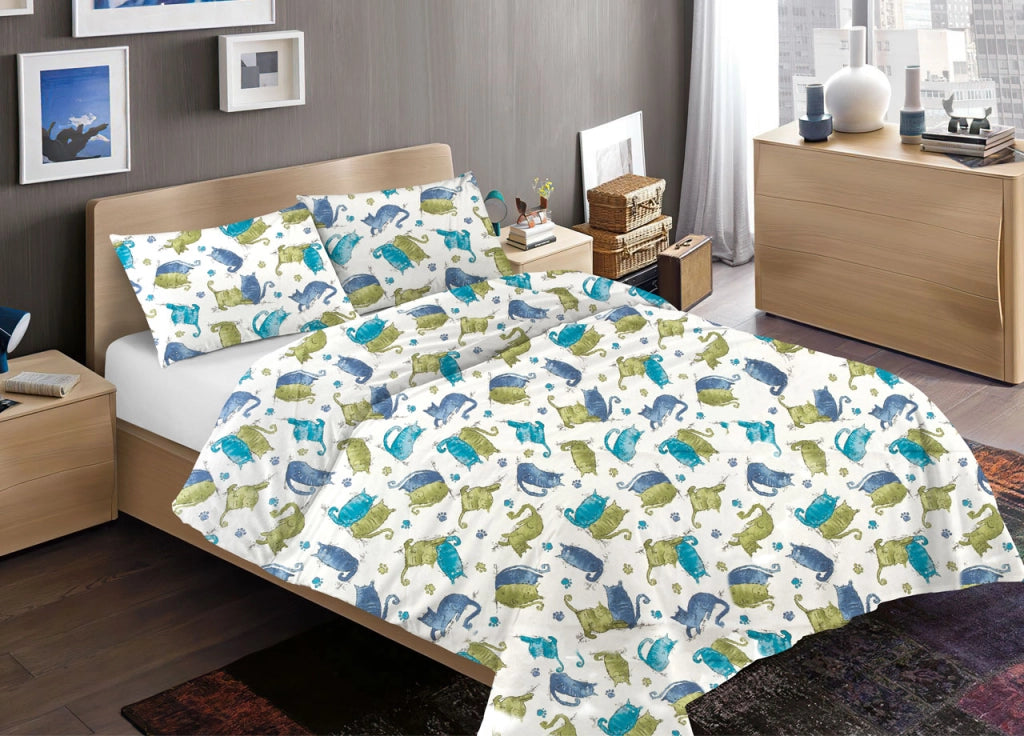 Sacco Copripiumino Piumone Letto In 100% Cotone Disegno Gatti Mod RP Micio Colorato Animali Made Italy - 1 Piazza - Blu