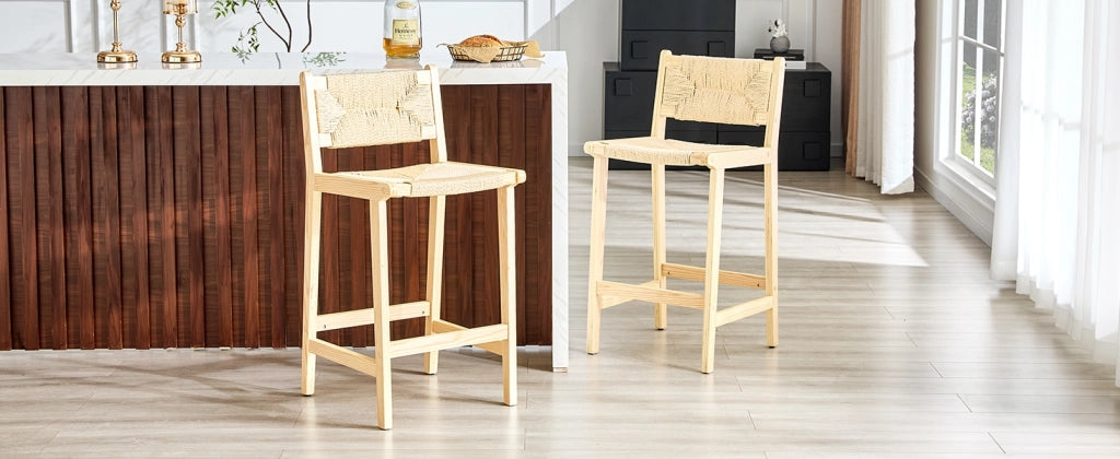 Sgabello da bar con schienale intrecciato seduta traspirante per isola cucina in legno massello colore legno