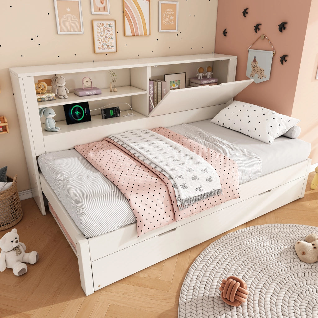 OKWISH Letto a Divano Estraibile Letto Singolo, Contenitore, USB, Tipo C e Mensole 90×200 cm e 90×190 cm, senza Materasso, in Legno, Bianco