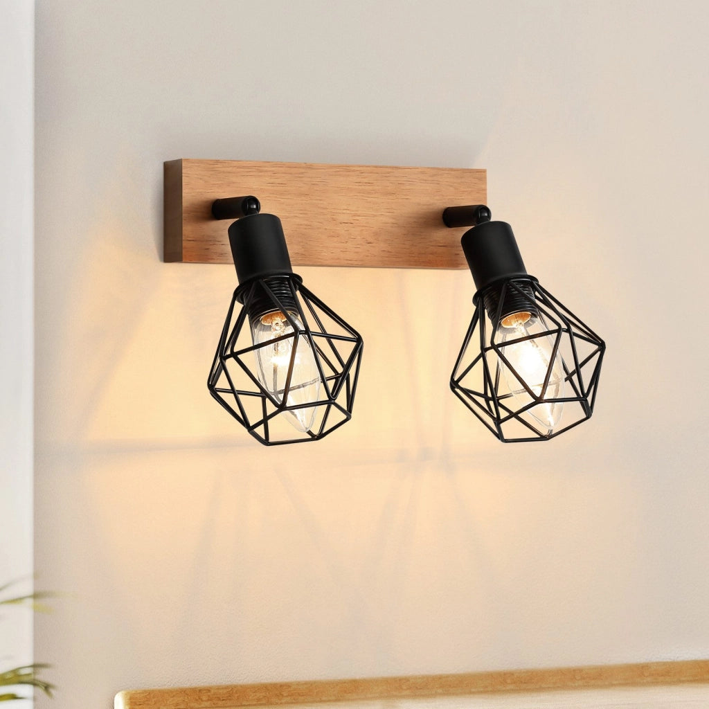 ZMH Faretto da soffitto neri 2 luci E14 legno metallo vintage rotativi 350° max 25W per cucina soggiorno