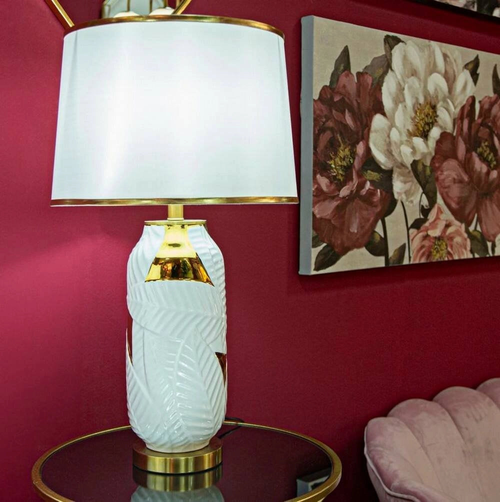 Lampada da tavolo Trompe, Luce da scrivania, Luminaria da ufficio, Lampada da lavoro, 40x40 h70 cm, Bianco e Oro
