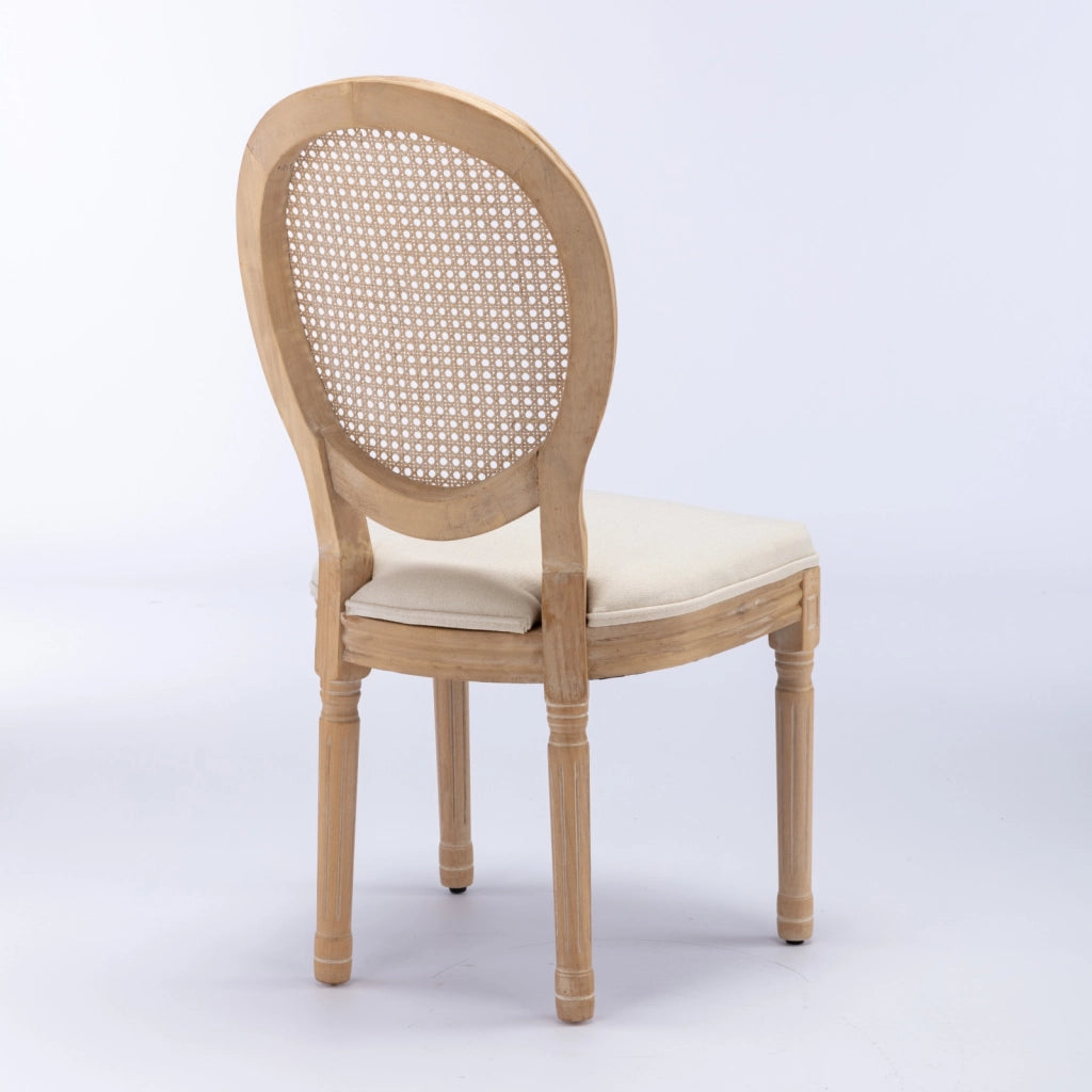 Sedie da Pranzo in Legno Massello e Rattan con Seduta in Lino ¨C MINIMAL ¨C Beige, Set 2 Pezzi