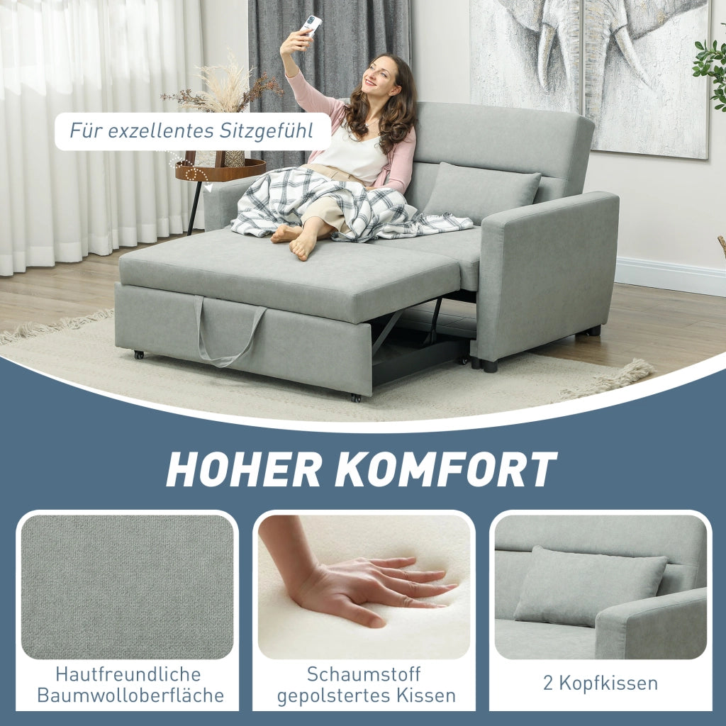 Divano letto 2 posti con schienale regolabile e cuscini vano contenitore in tessuto grigio chiaro 155 × 90 × 88,5 cm