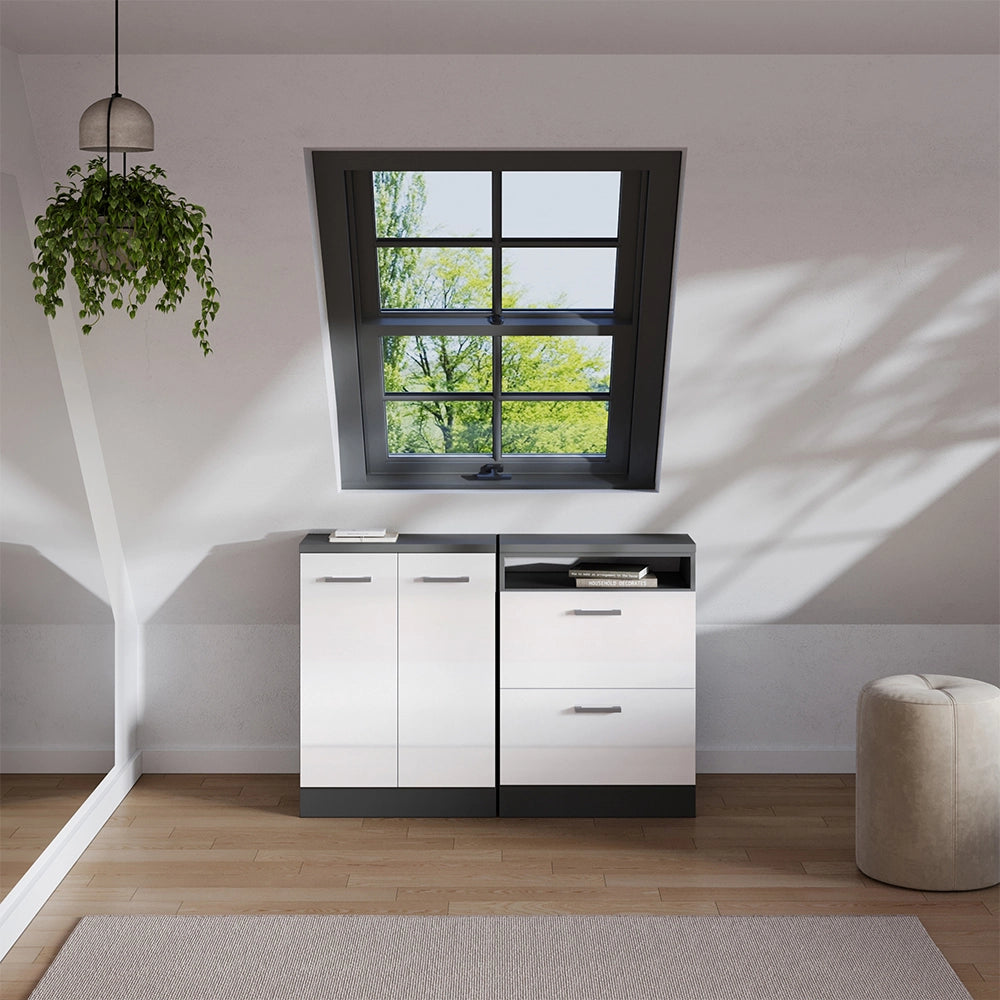 Set di mobili sottotetto Rion Bianco lucido/Antracite 120 cm Set di 2 carcasse armadio profondità 60 cm Vicco