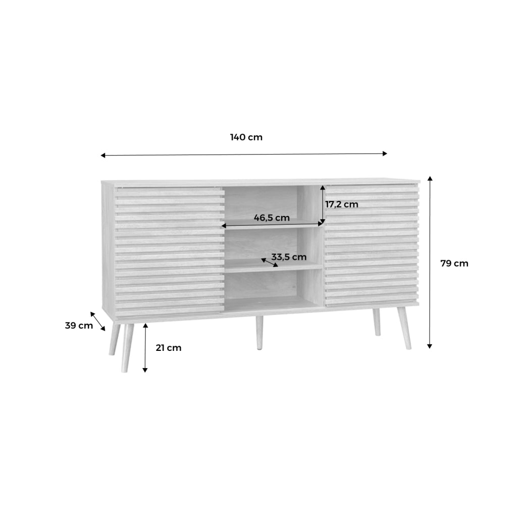 Credenza scandinava in legno con 2 ante scorrevoli scanalate, 140cm,