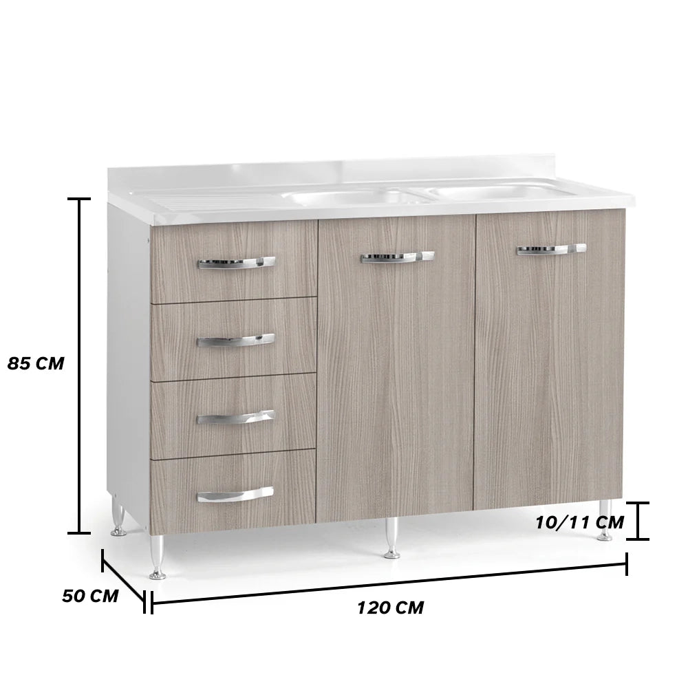 Sottolavello per cucina componibile da 120 cm con due ante e 4 cassetti, vasche a Destra realizzata in legno 100% MADE IN ITALY colore Olmo