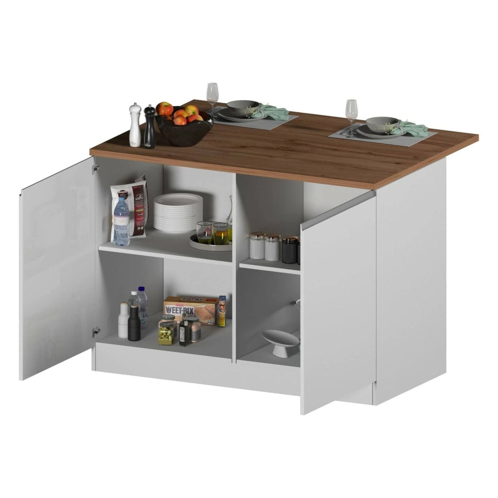 Isola da cucina Analiza, Tavolo ausiliario portaoggetti, Mobile da cucina a 2 ante, 100% Made in Italy, 125x90h90 cm, Bianco lucido e Rovere