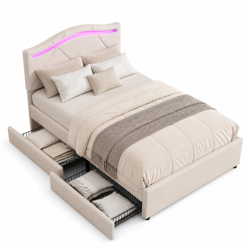 Letto imbottito minimalista 90x200 cm con cassetti, LED e rete a doghe