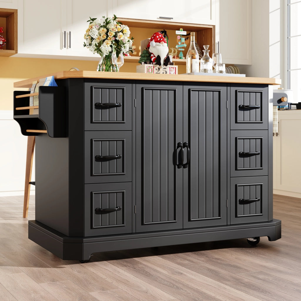 Carrello da Cucina con 2 Ante e 6 Cassetti con Ruote; in MDF e Metallo; per Cucina; 120x45x91 cm; Nero
