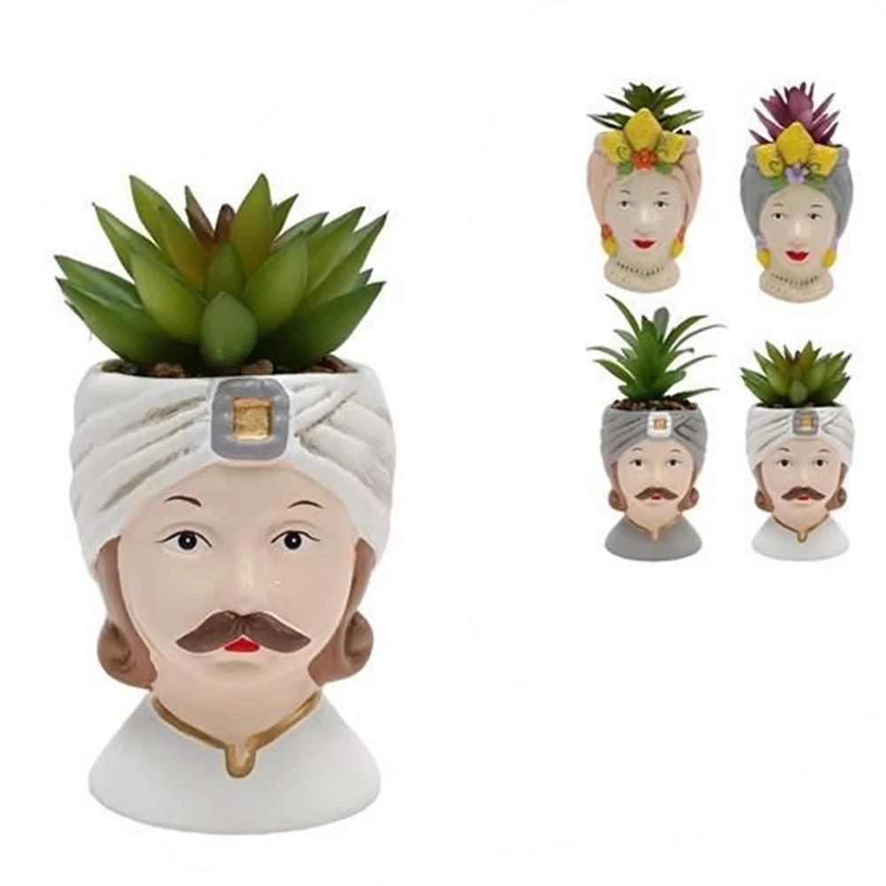 Trade Shop - Set 12pz Vaso Di Fiori Forma Di Testa Moro Statuetta Decorativa Pianta Grassa 14 Cm 660553 -