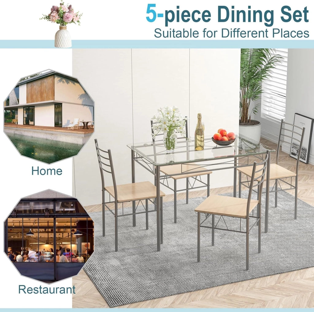 Tavolo da pranzo in vetro temperato con 4 sedie, set da pranzo, ampio piano e seduta grande con venature di legno delicate, poco ingombrante, per cucina, soggiorno