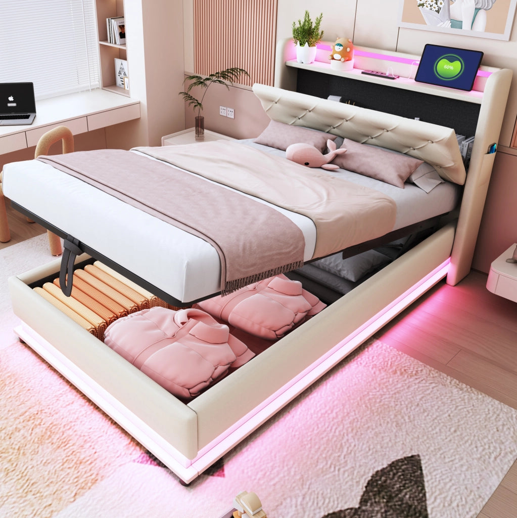 Letto imbottito 90x200 cm; testiera apribile e luci LED; lino beige