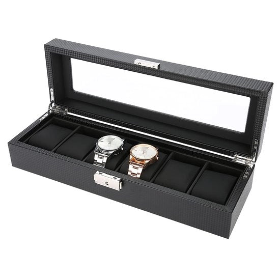 Cassa orologio in legno con vetrina per 6 orologi, contenitore in PU e pelle, scatola per gioielli e orologi, display box, robusta e duratura, cassa orologio