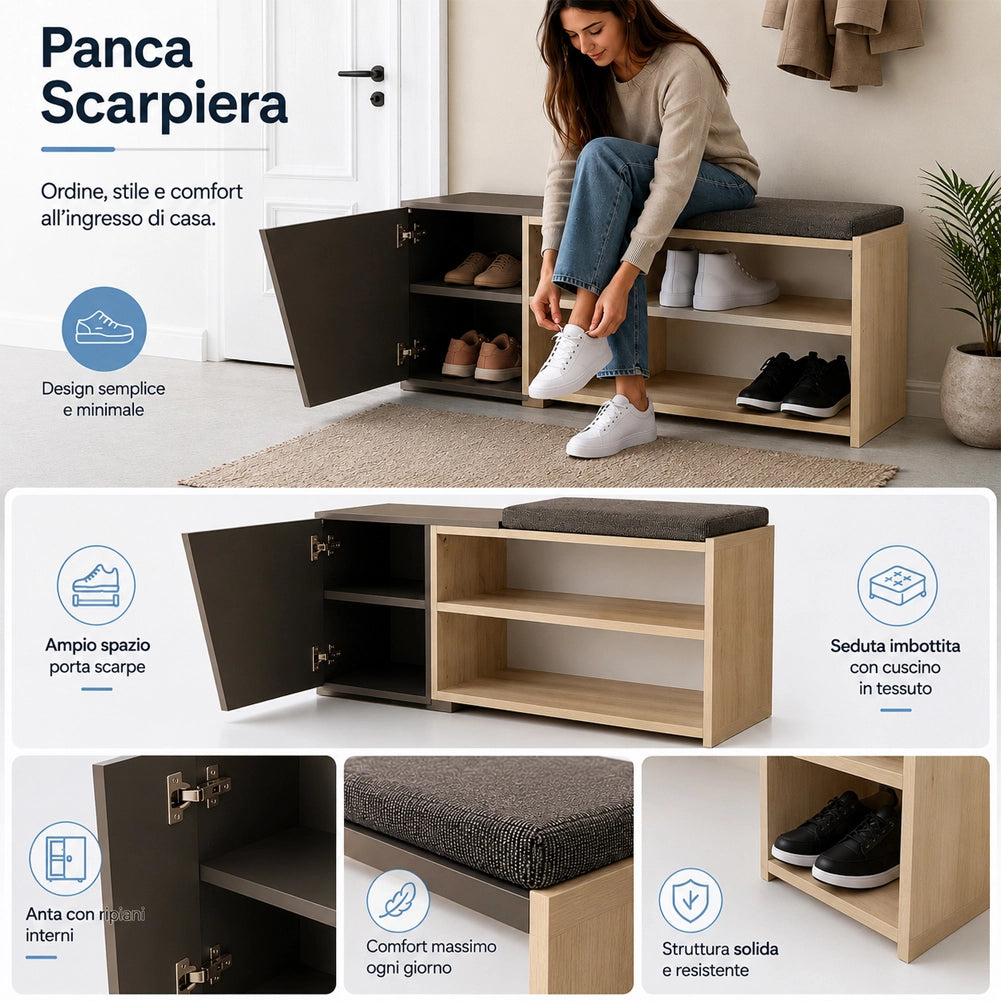 Panca Scarpiera Ingresso Casa 2 Ripiani Porta Scarpe con Anta e Cuscino Moka