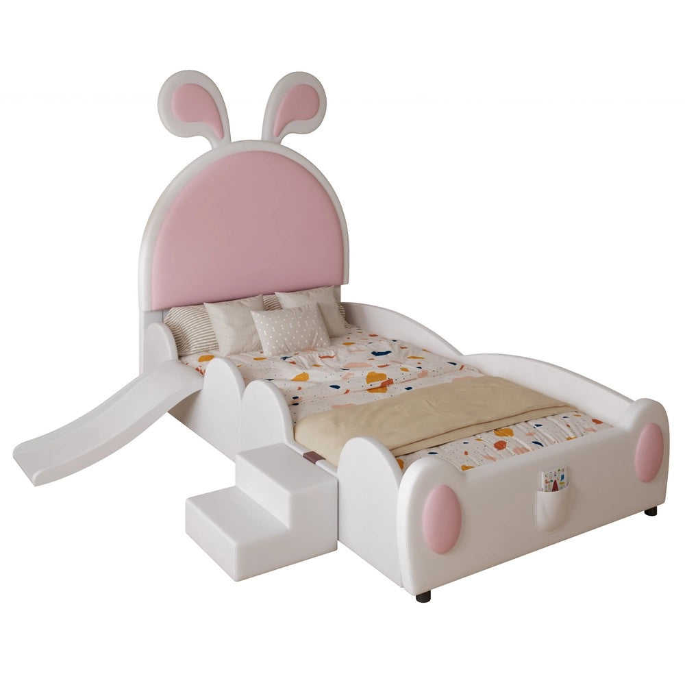 Letto Singolo Bambini con Scivolo e Testiera Orecchie ¨C MINIMAL ¨C PU Bianco Rosa 90x200