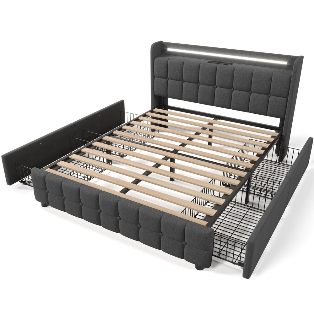Letto Imbottito Contenitore con LED e USB ¨C MINIMAL ¨C Grigio 140x200, 4 Cassetti, Rete a Doghe