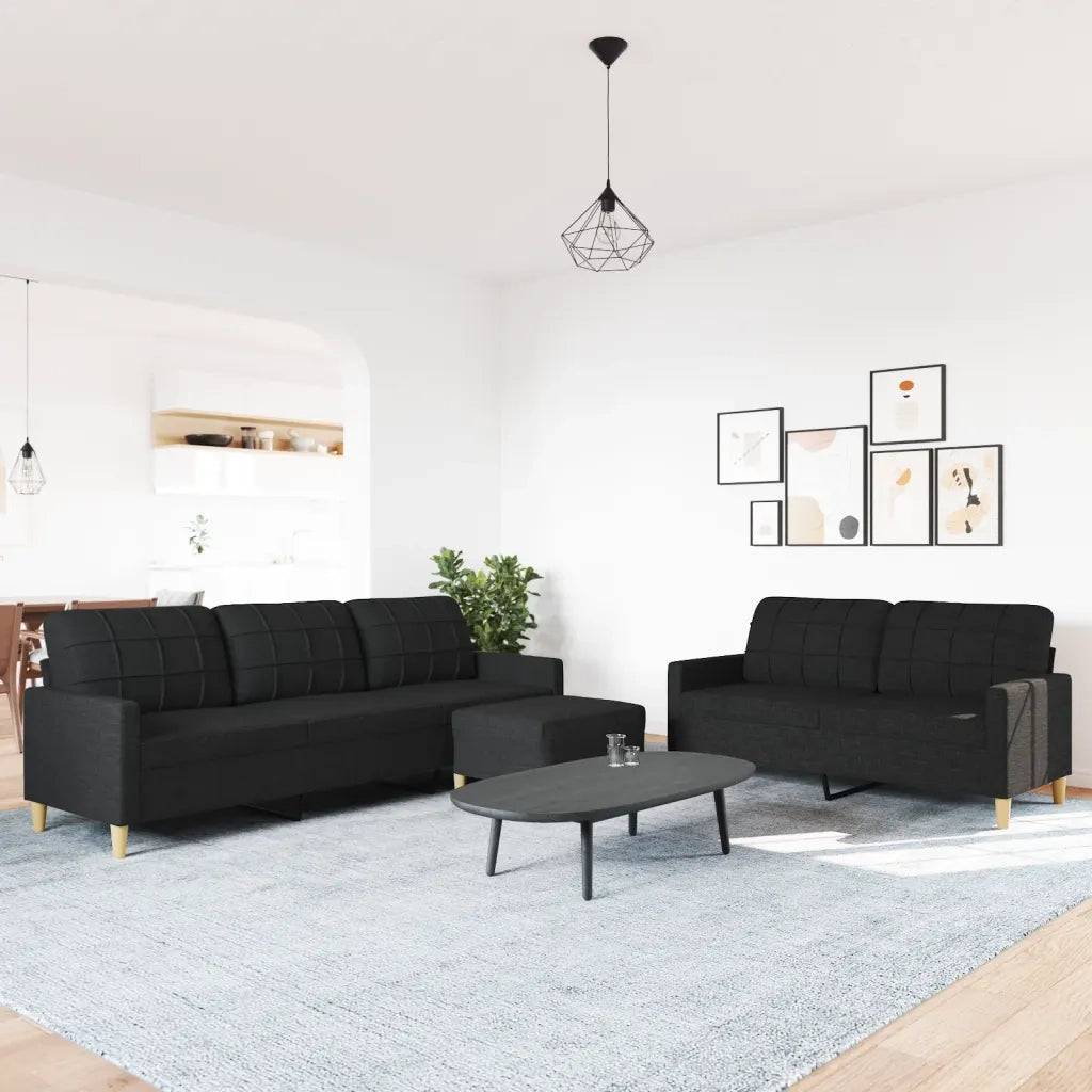 Set di Divani 3 pz con Poggiapiedi Nero in Tessuto
