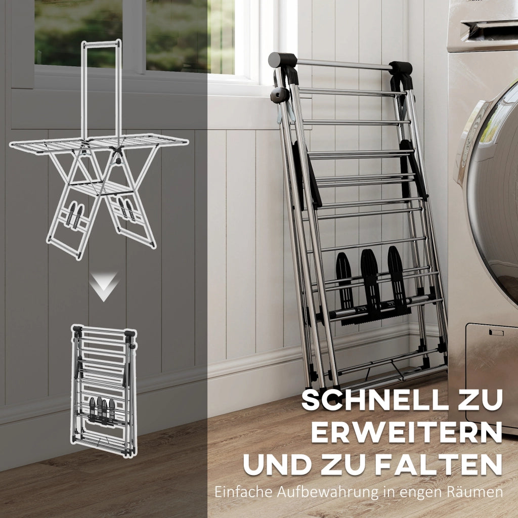 Stendibiancheria Pieghevole con Ali Regolabili e Portascarpe ¨C Xylo ¨C Acciaio Inox 156,5x68x192cm Argento