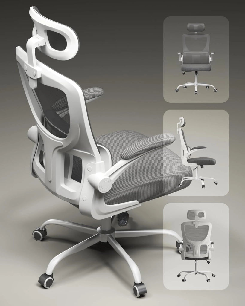 Sedia Ufficio Ergonomica, Sedie Ufficio a Rete Traspirante, Con Supporto Lombare Adattativo a Forma Di C, Poggiatesta Regolabile, Braccioli Ribaltabili, per Scrivania, Casa, Grigio