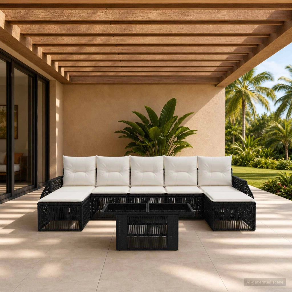 Set Divano da Giardino 8 pz Nero e Bianco Crema polyrattan 3436984
