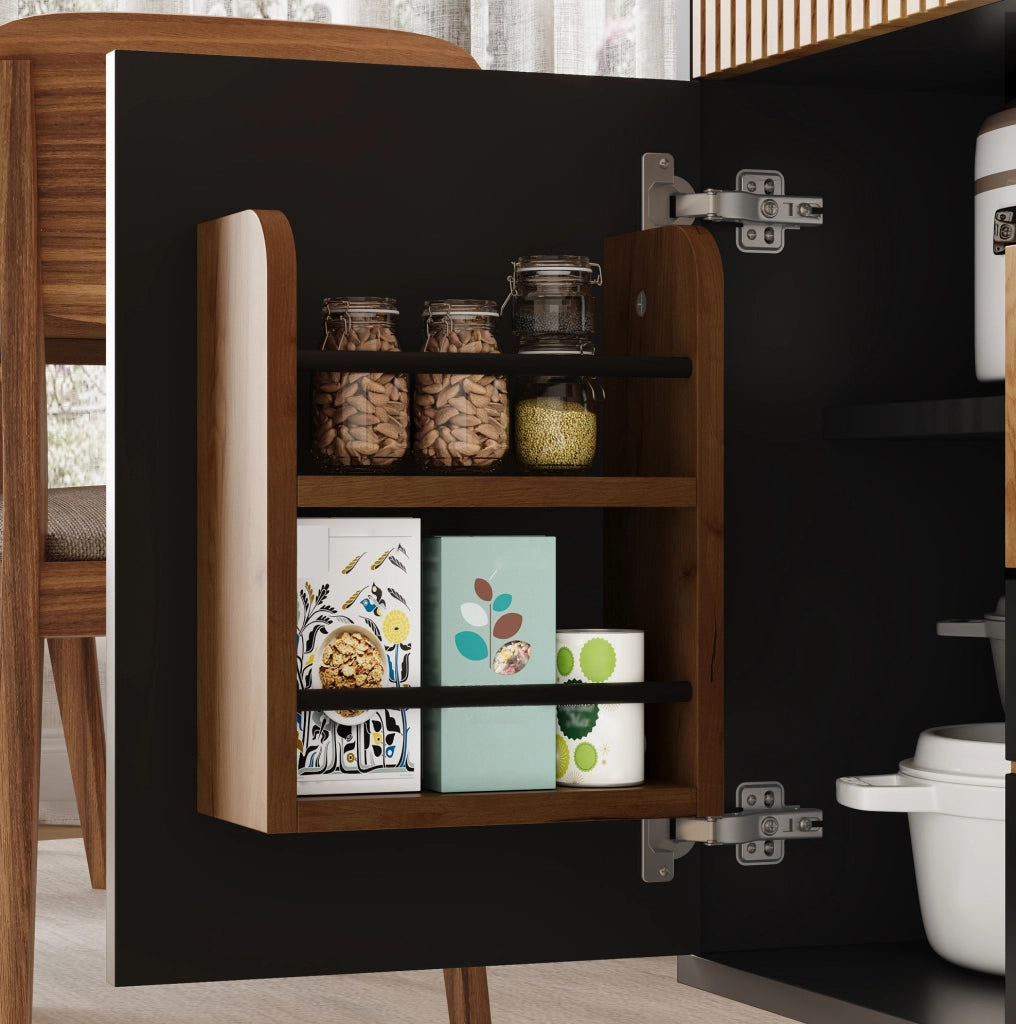 Credenza 130x38x85 cm in MDF naturale e nero con 4 cassetti e LED RGB