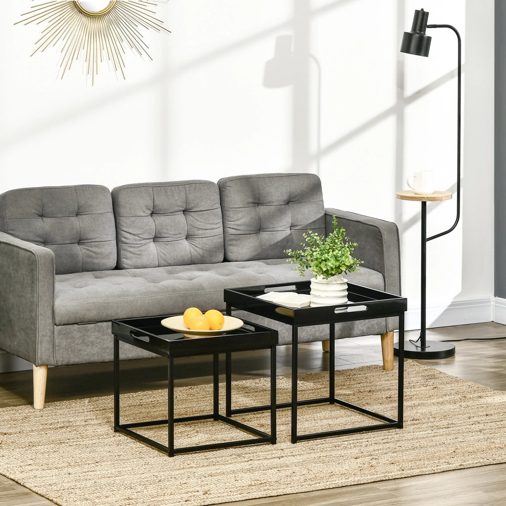 Easycomfort Set da 2 Tavolini da Caffè Impilabili con Finitura Lucida e Telaio in Acciaio, Nero