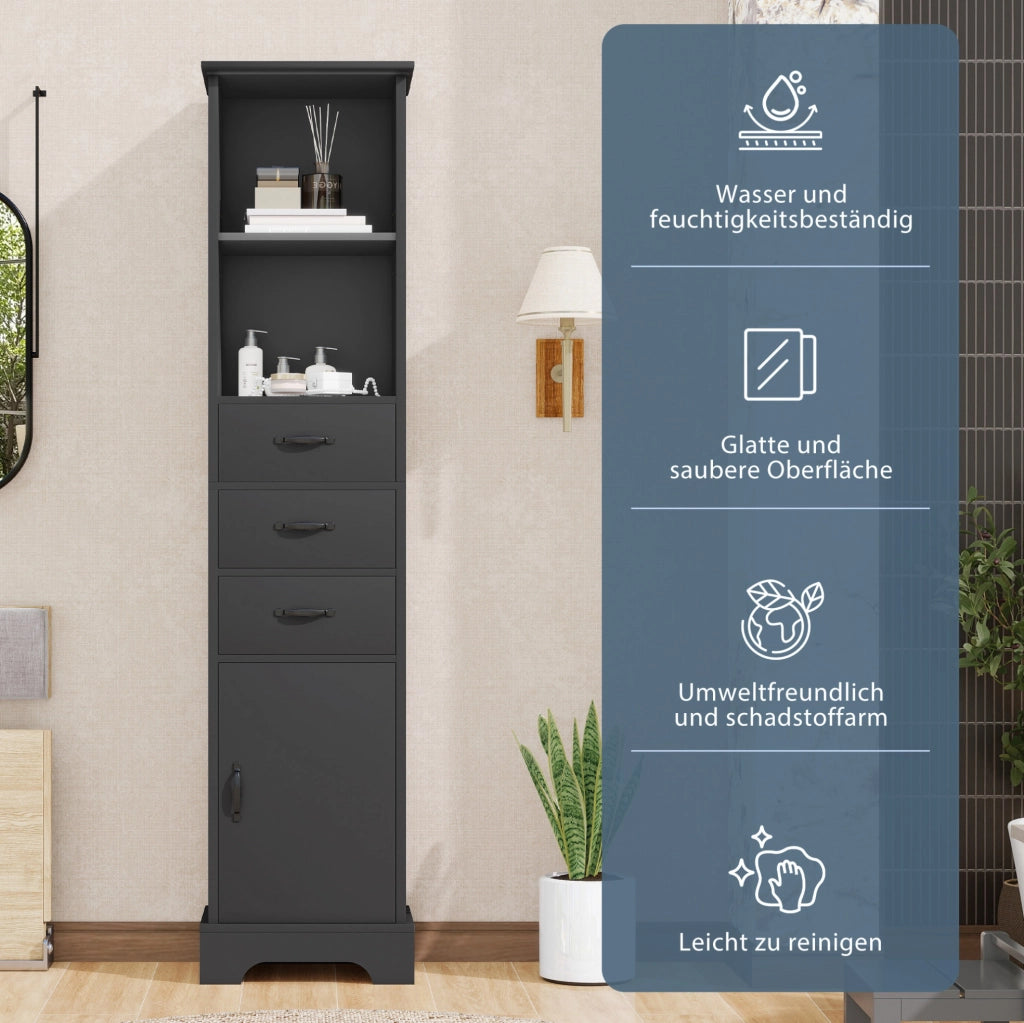 Colonna bagno 38x26x172;5 cm in MDF nero con 3 cassetti; vano chiuso e ripiani regolabili