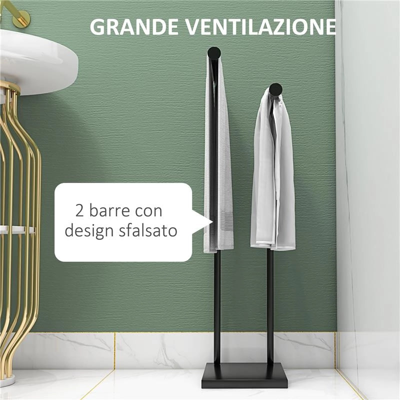 PORTA ASCIUGAMANI BAGNO DA TERRA AUTOPORTANTE A 2 BRACCI IN METALLO, 35.5X20X78CM, NERO