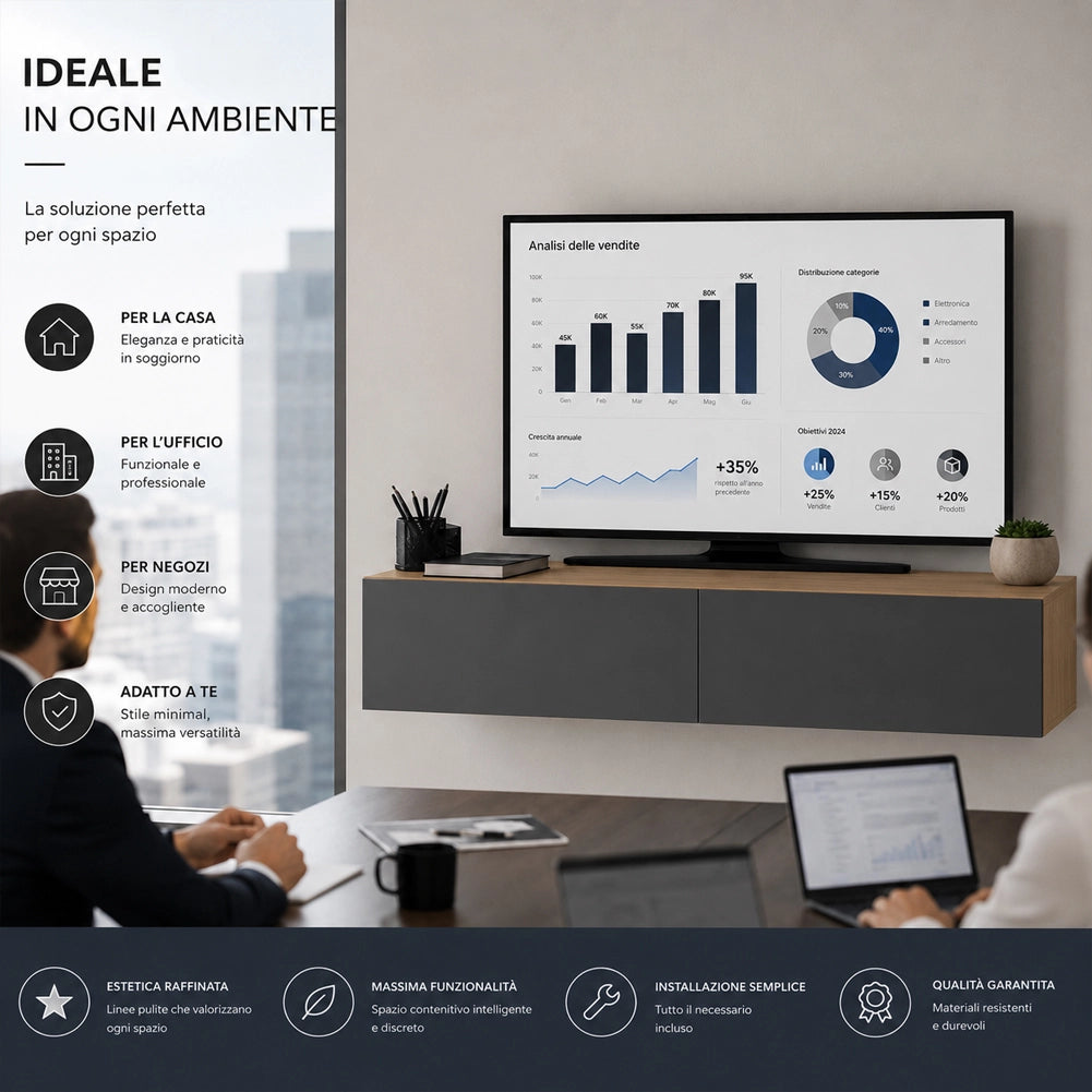 Mobile Porta Tv Sospeso da Salotto Mobiletto 2 Cassetti Antracite 135x31.5x25cm