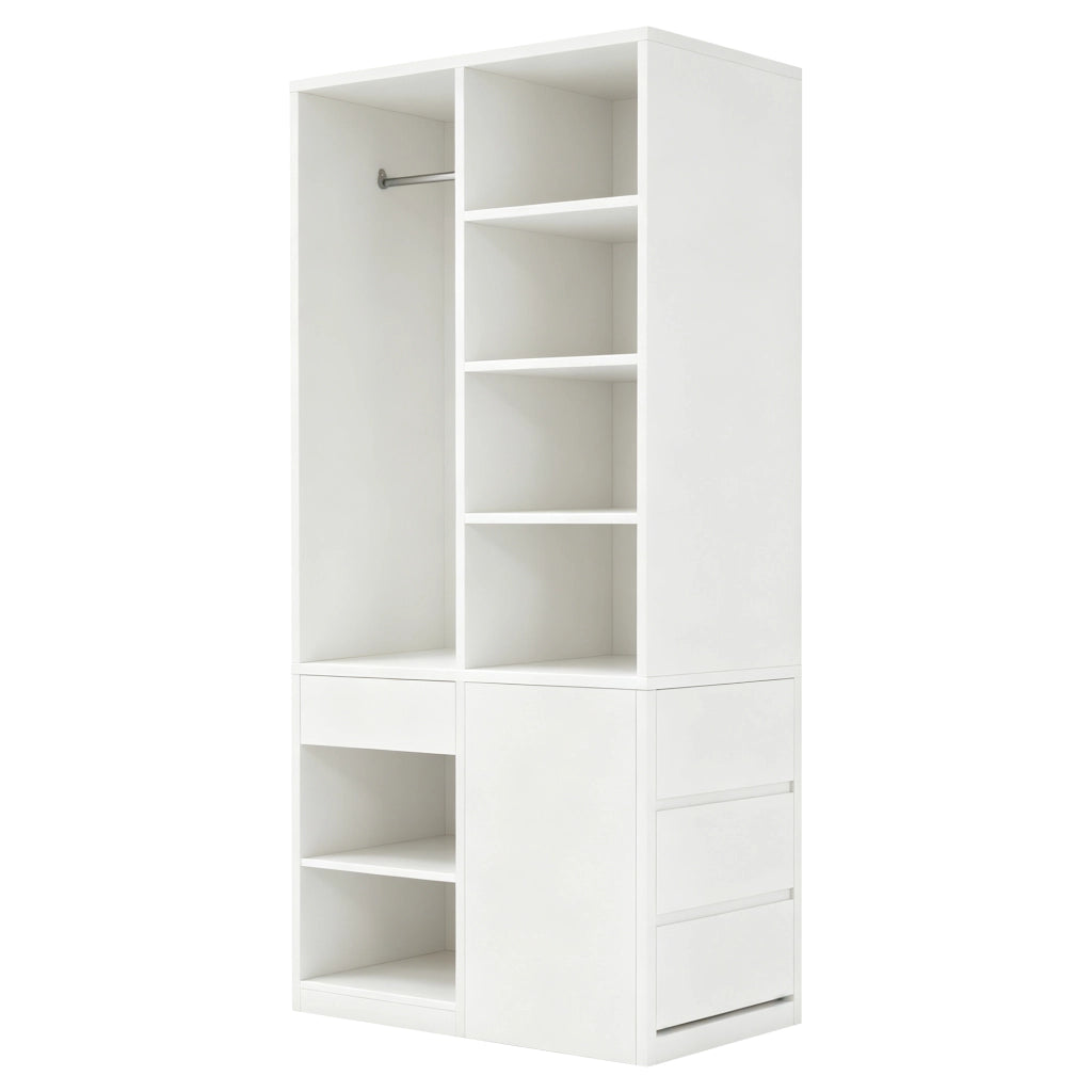Armadio con cassetti, ripiani aperti e barra appendiabiti per camera da letto, in MDF bianco, 70 × 50 × 170 cm