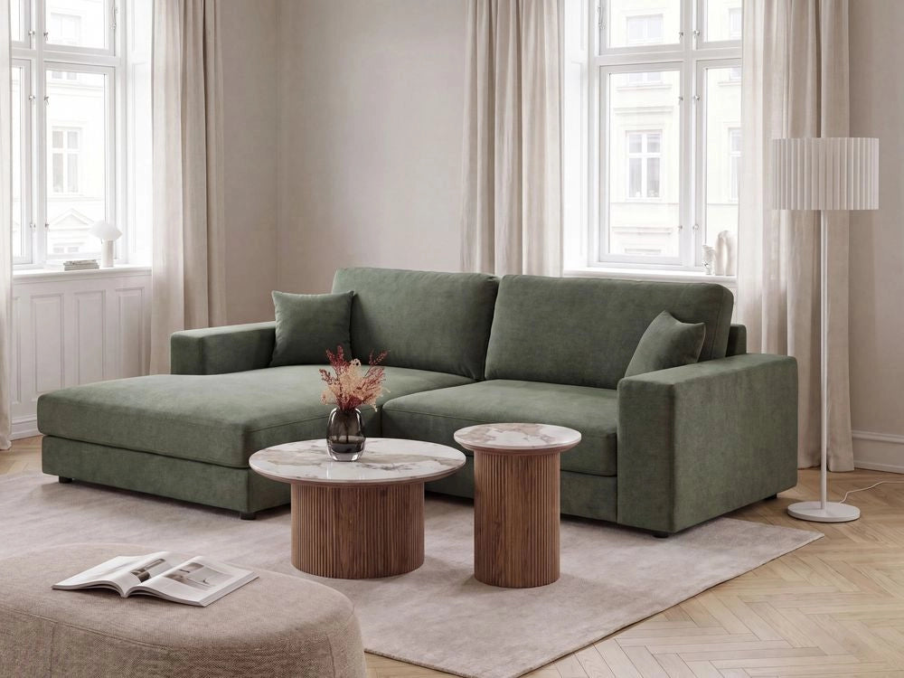 Divano angolare lato destro in Tessuto imbottito verde con Cuscini 3 posti stile moderno minimalista