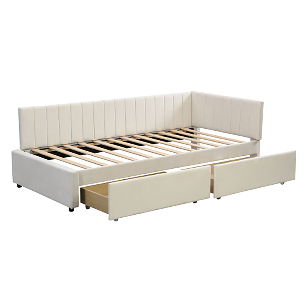 Letto a due piazze con divano letto - Xylo - 90x200 cm - Beige - 2 ampi cassetti e rete a doghe