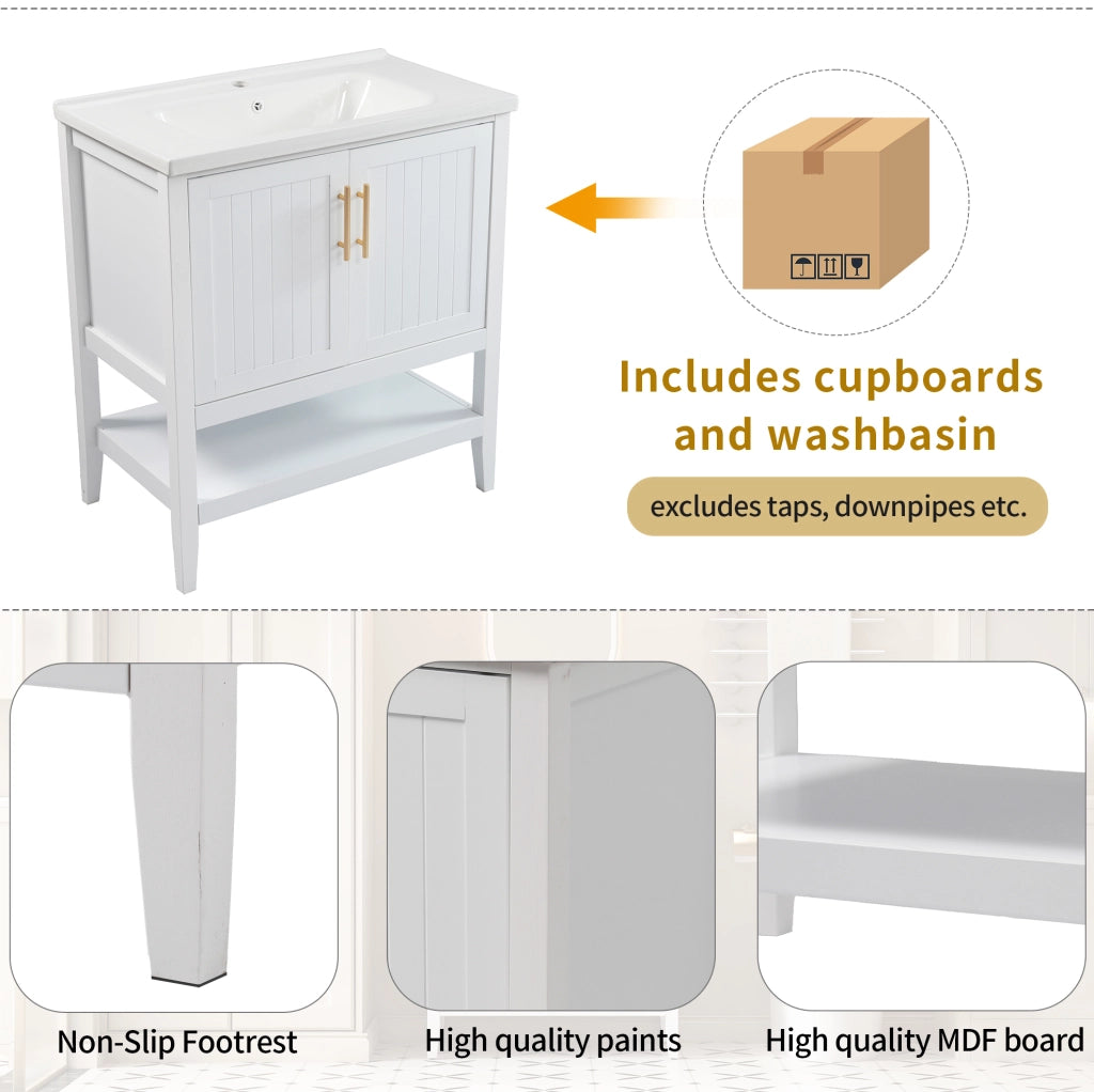 Mobile bagno con lavabo in ceramica 80 cm, bianco, MDF