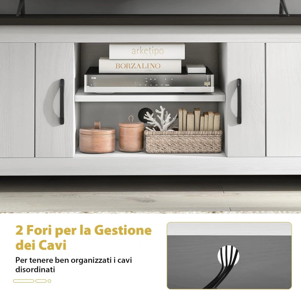 Mobile TV con 2 Ante per TV fino a 65", Mobile Porta TV in Legno con Ripiani Aperti, Mobile per TV in Legno per Soggiorno, 145 x 39,5 x 49,5 cm (Grigio Scuro)