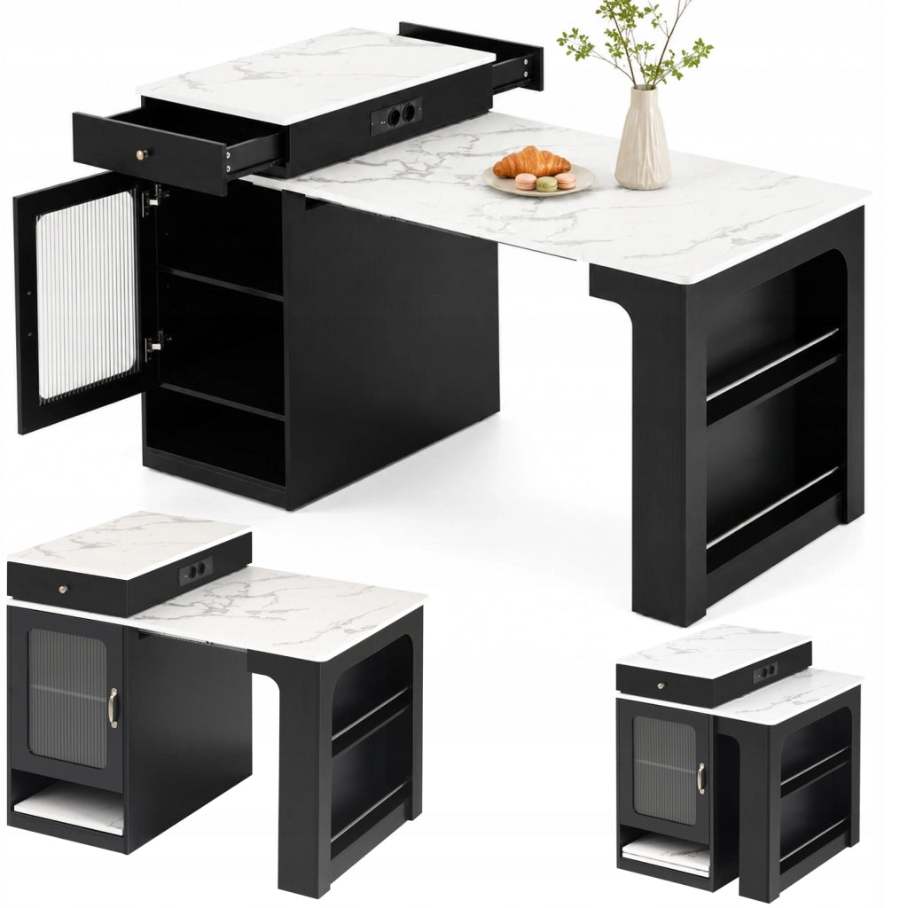 Isola da Cucina con Ruote 80x151x92 cm; Tavolo Estensibile con Prese Elettriche; Mobile Multiuso Nero e Bianco