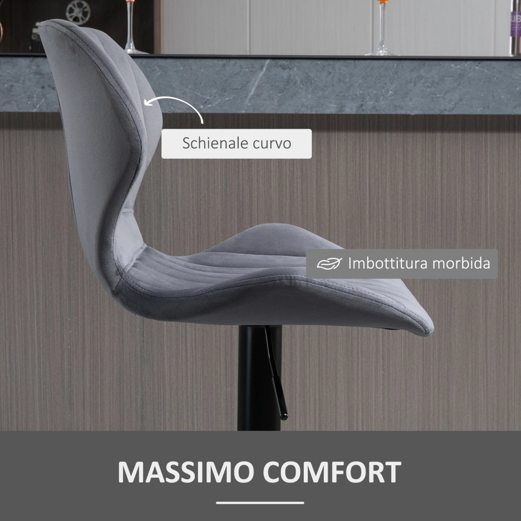 EasyComfort Set 2 Sgabelli da Bar ad Altezza Regolabile con Seduta Ergonomica e Poggiapiedi, Sgabelli Alti in Effetto Velluto e Metallo, 47x51.5x92-114 cm, Grigio