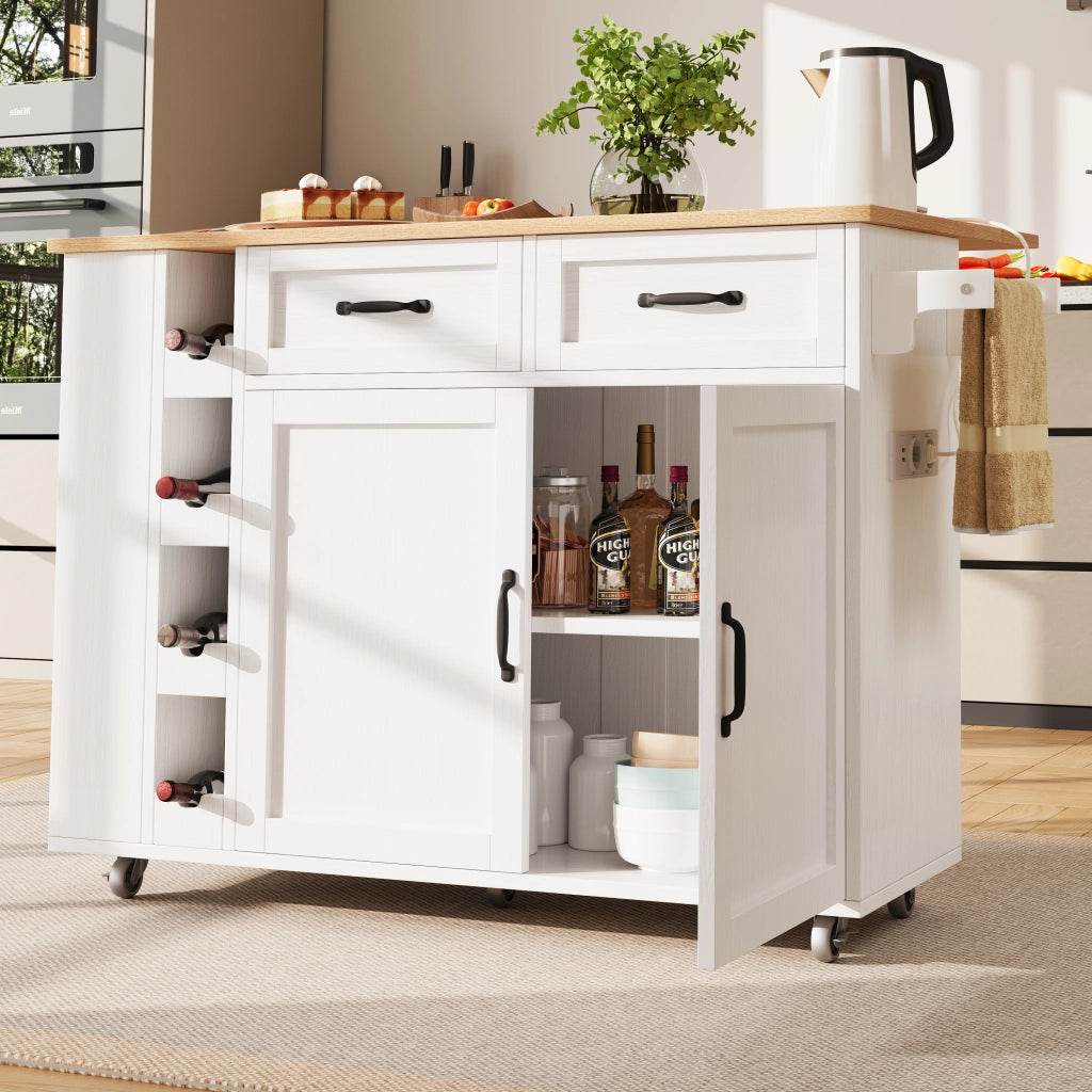 Isola Cucina con Portabottiglie e Presa Elettrica ¨C MINIMAL ¨C Bianco, Legno