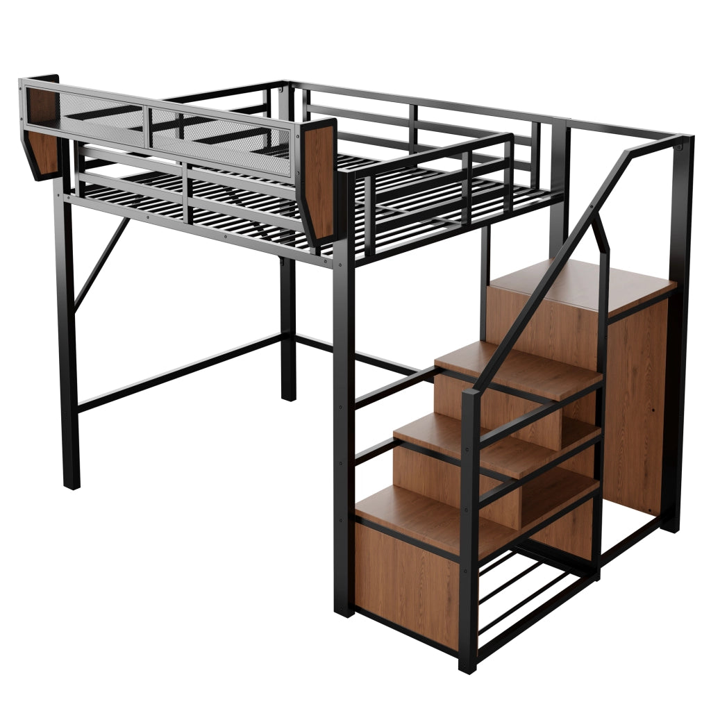Letto a soppalco 140x200 cm in metallo con scala di sicurezza, ripiani flessibili e striscia LED, nero