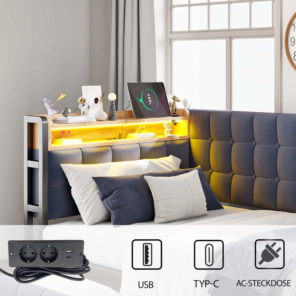 Divano letto imbottito 90x200 cm con 2 cassetti; LED e prese USB/Type-C; tessuto grigio