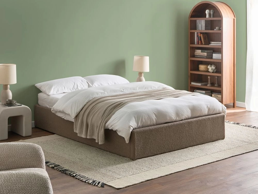 Letto matrimoniale con contenitore in tessuto bouclè tortora 140 x 200 cm portaoggetti stile moderno