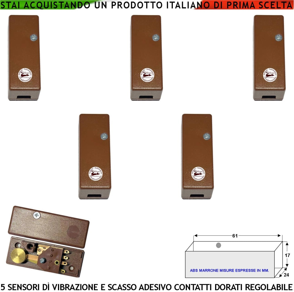 Sensore Adesivo Rileva lo Scasso le Vibrazioni Continue 5 Pezzi Per Antifurto Via Filo Di Inferriate Porte Vetrate Martelletto Regolabile Segnale Allarme NC Tamper Contenitore Adesivo ABS Marrone IP30