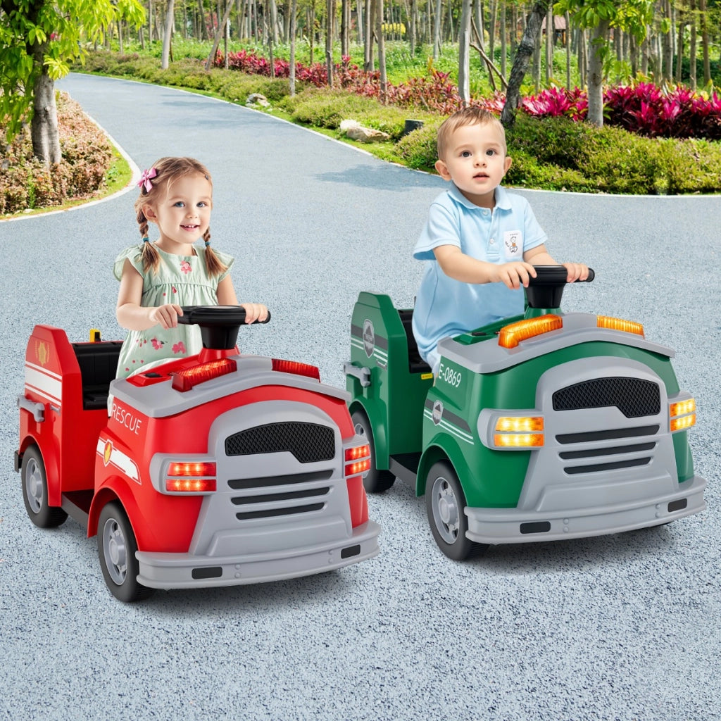Auto elettrica per bambini 12V camion dei pompieri, 4 ruote antiscivolo con pala estintore scala casco di sicurezza Verde