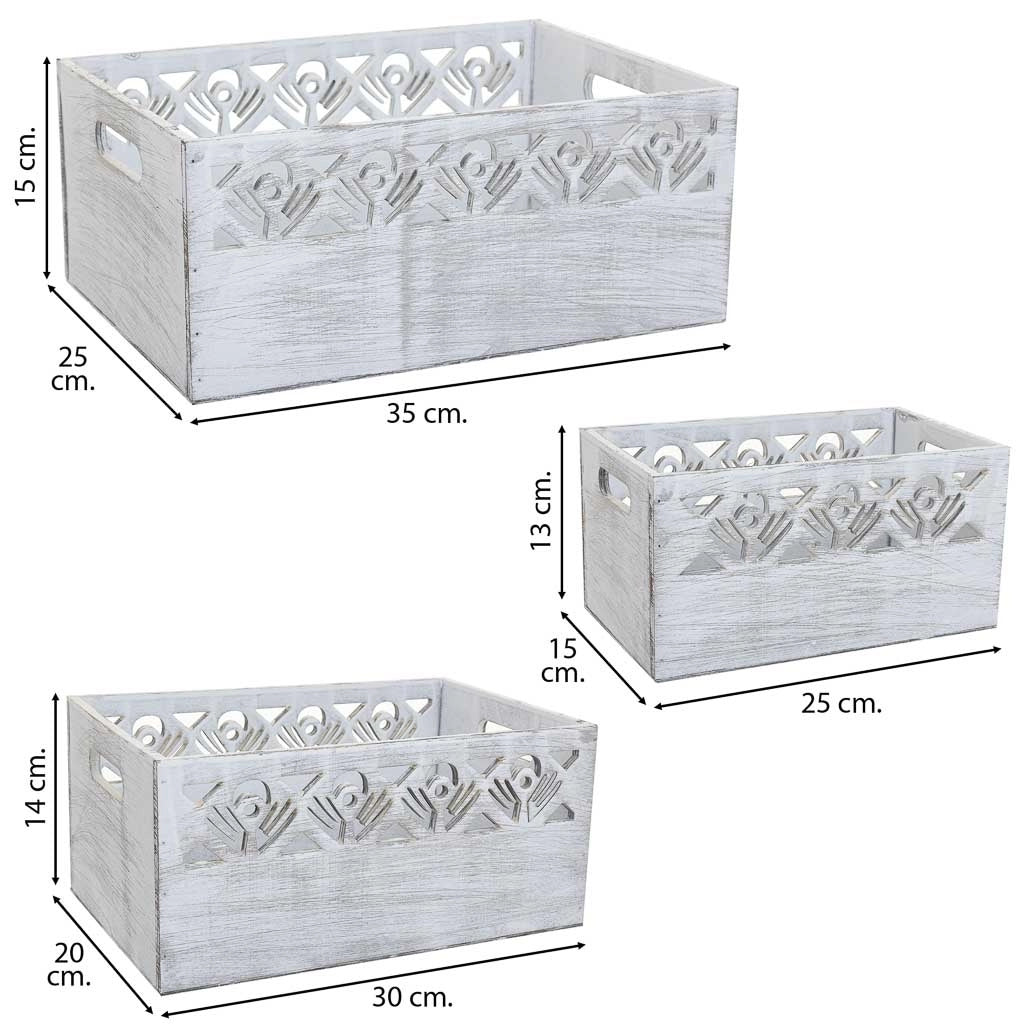 Set di 3 cesti in legno bianco 35x25x15h-30x20x14h-25x15x13