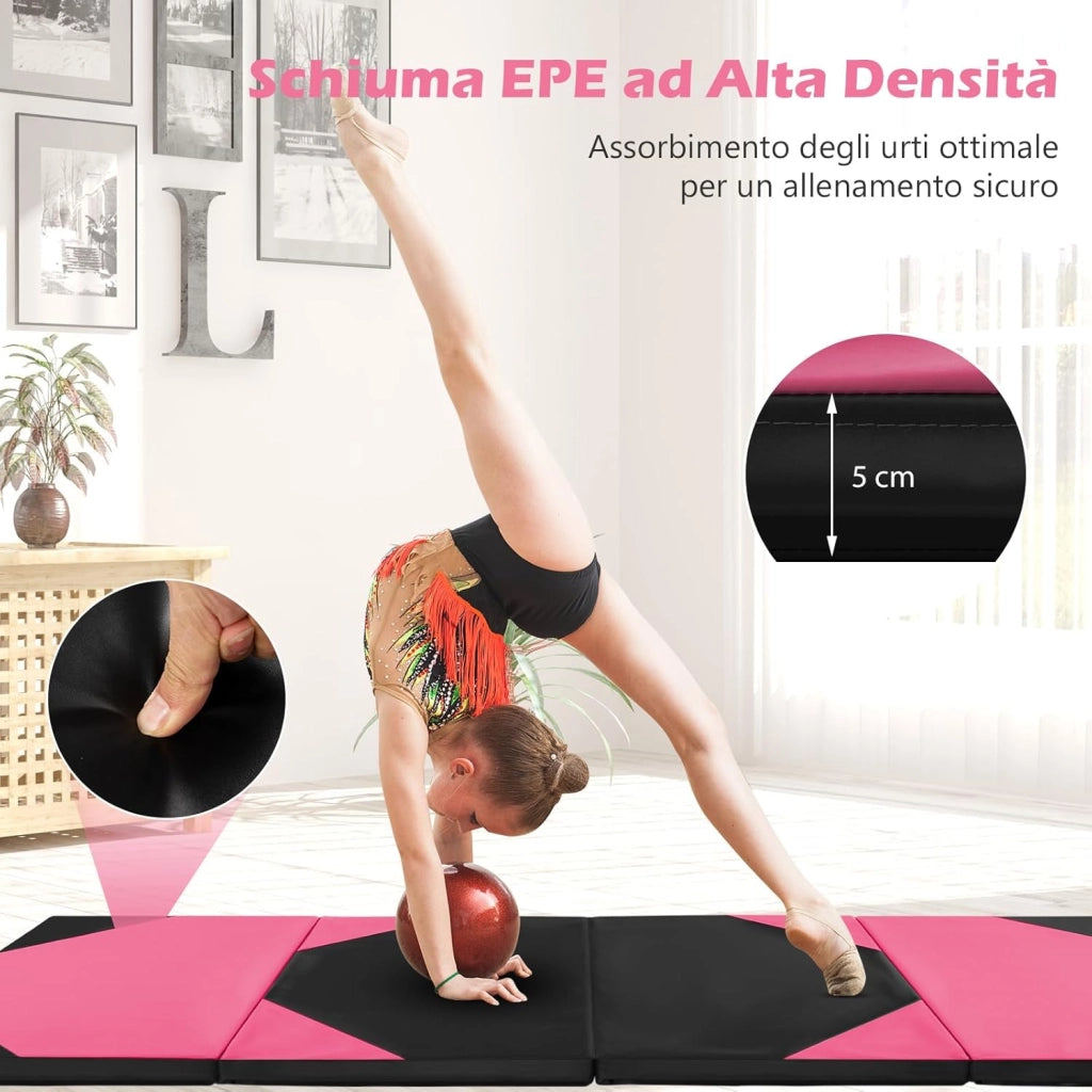Tappetino Ginnastica Pieghevole 300 CM, Tappetino a 4 Pannelli in Similpelle con Gancio, Chiusure a Strappo e Maniglie per Ginnastica, Yoga e Allenamenti da Casa e Palestra